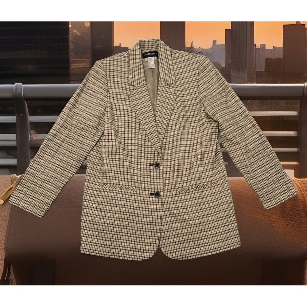 Vintage Linen Blazer 2 Button Brown Tan Plaid Shoulder Pads Womens 12 Sag Harbor